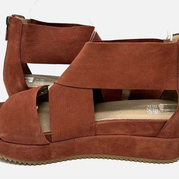 Eileen Fisher Brown Crisscross Nubuck Leather  Wedge Sandals - Picture 14 of 16